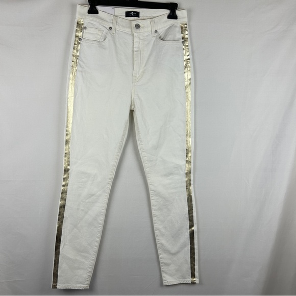 7 FOR ALL MANKIND White High-Rise Side Gold Stripe Ankle Skinny Jean New 28 - Picture 1 of 10